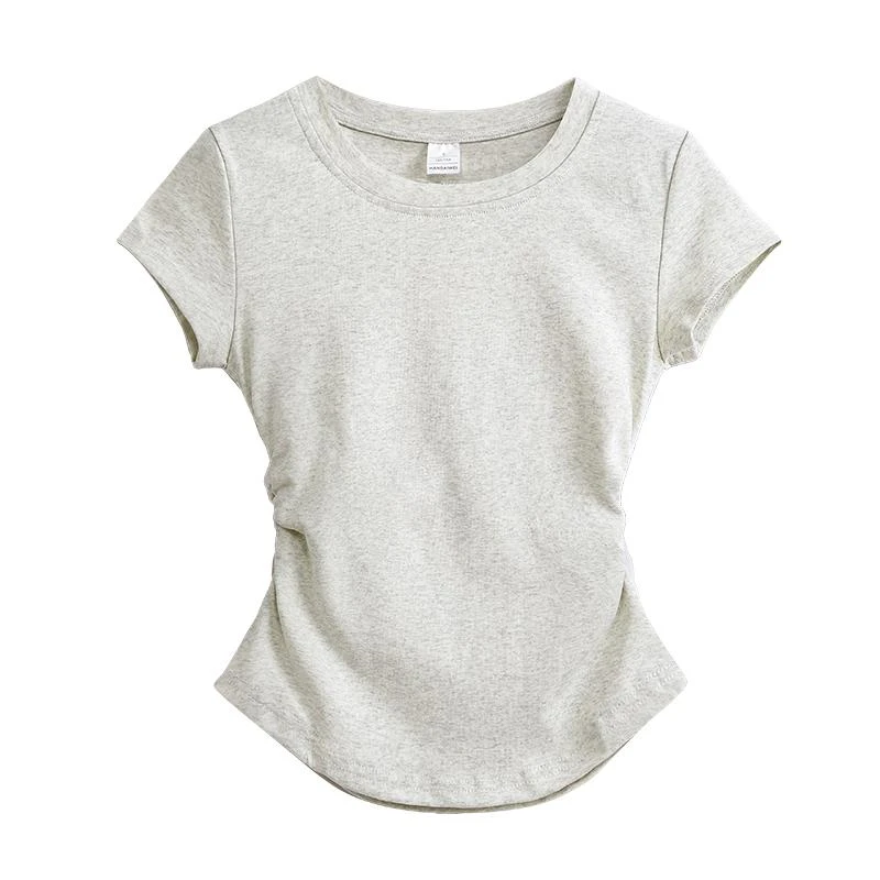 爱心刺绣正肩短袖T恤女夏季辣妹紧身圆领修身显瘦t恤抽褶小众上衣