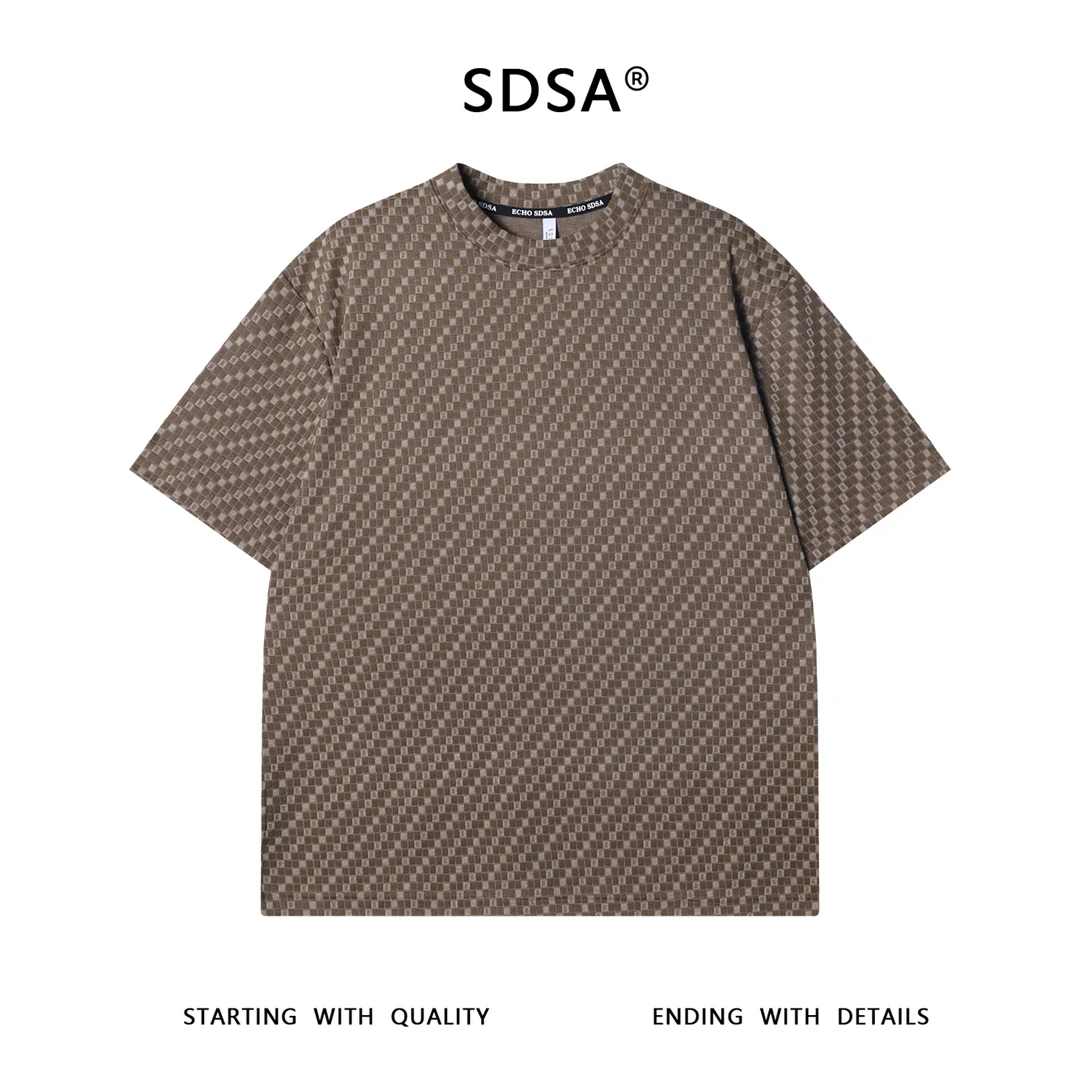 夏季高级感新款美式撞色棋盘格圆领短袖T恤简约百搭宽松套头上衣