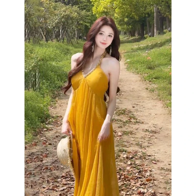 普罗旺斯夏日 气质名媛小众设计感百搭法式减龄连衣裙镶钻长裙女