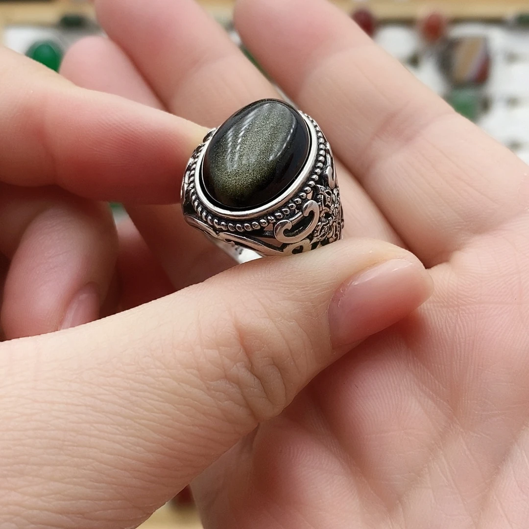 黑曜岩银S925镶嵌戒指
