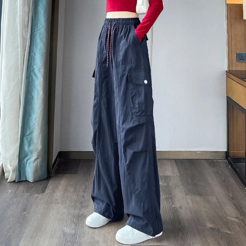 藏蓝色美式工装裤女2025秋季新款高腰显瘦遮肉纯棉休闲运动阔腿裤