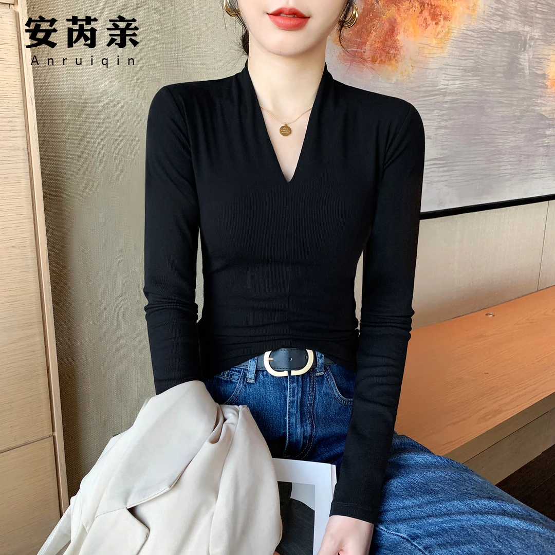 黑色V领打底衫女士内搭2025新款秋冬修身洋气显瘦长袖T恤早秋上衣