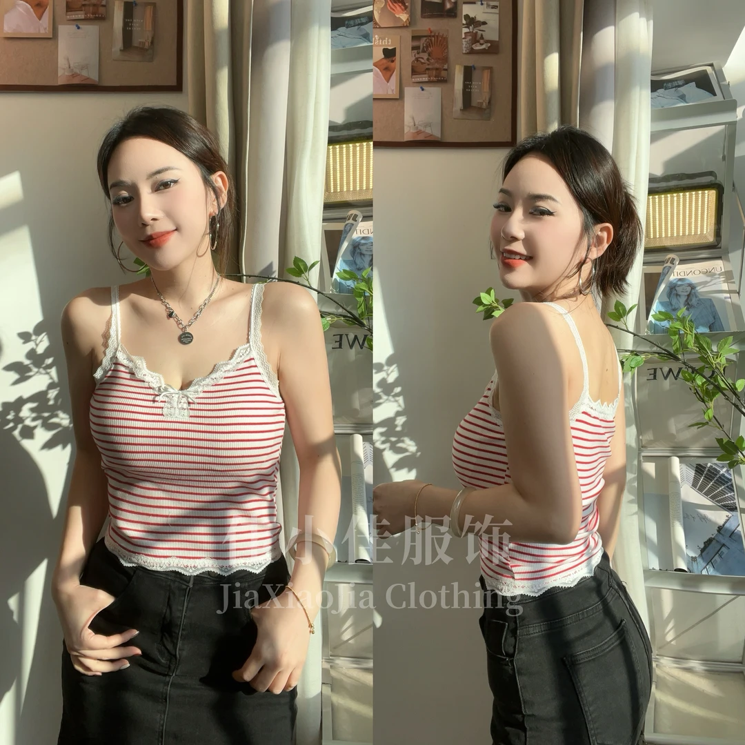 夏季蕾丝花边条纹吊带女夏季带胸垫美背文胸一体背心无袖上衣
