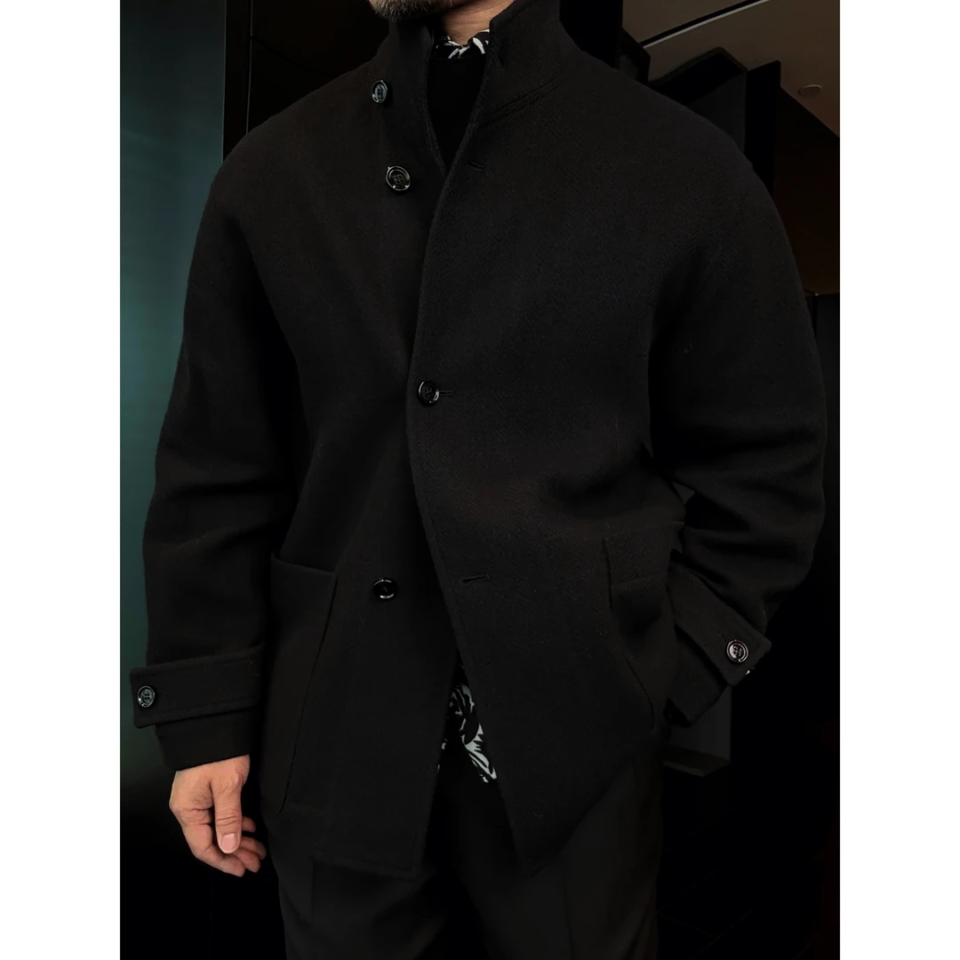 DRUNKCORNER 立领双贴袋无里中式夹克外套黑色单上衣韩版潮流宽松