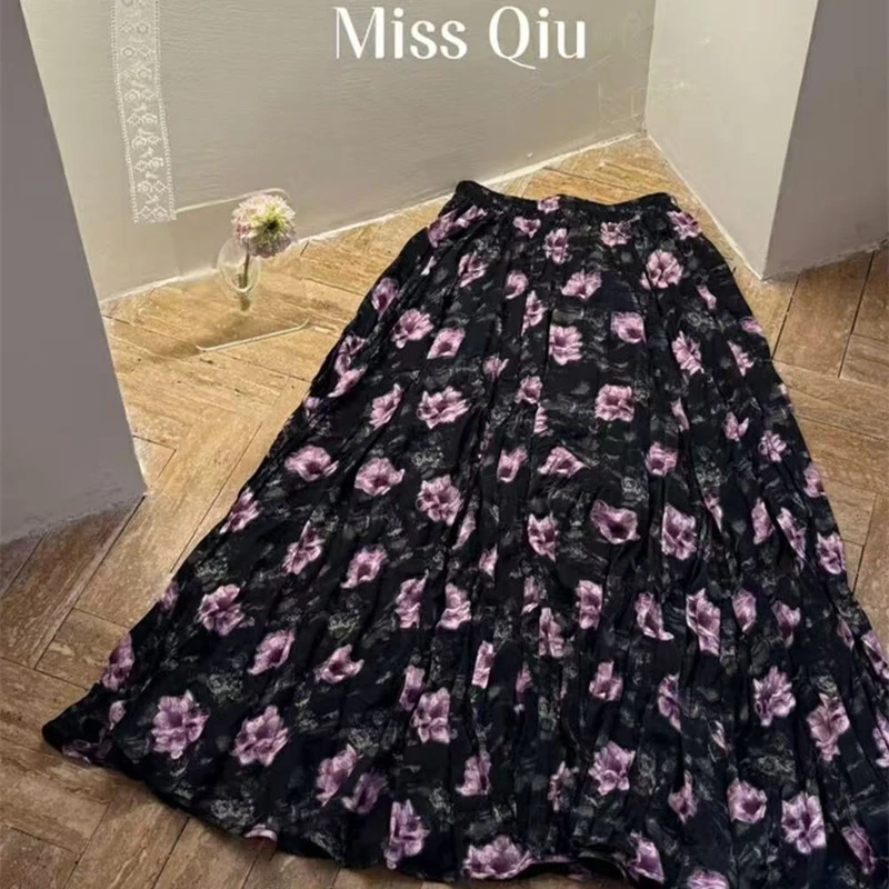 法式半裙好看显瘦长款印花半身裙裙子高腰2025夏百搭女新款百褶裙