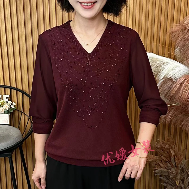 妈妈装秋季新款纯色V领钉珠宽松显瘦百搭气质中老年女装长袖上衣