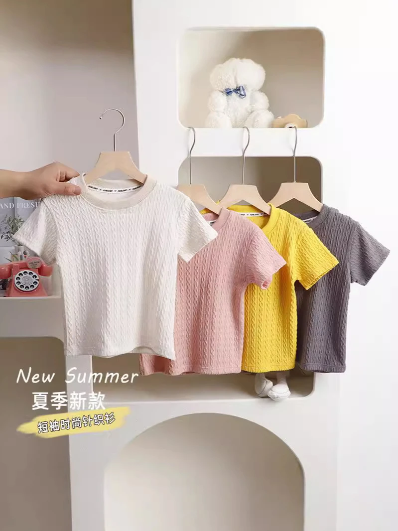 夏季儿童短袖针织T恤纯色新款男童女童镂空时尚休闲薄款半袖上衣