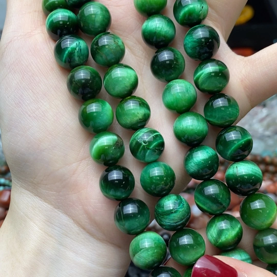 玛瑙/玉髓未镶嵌珠宝半成品绿虎眼圆珠约12mm一条