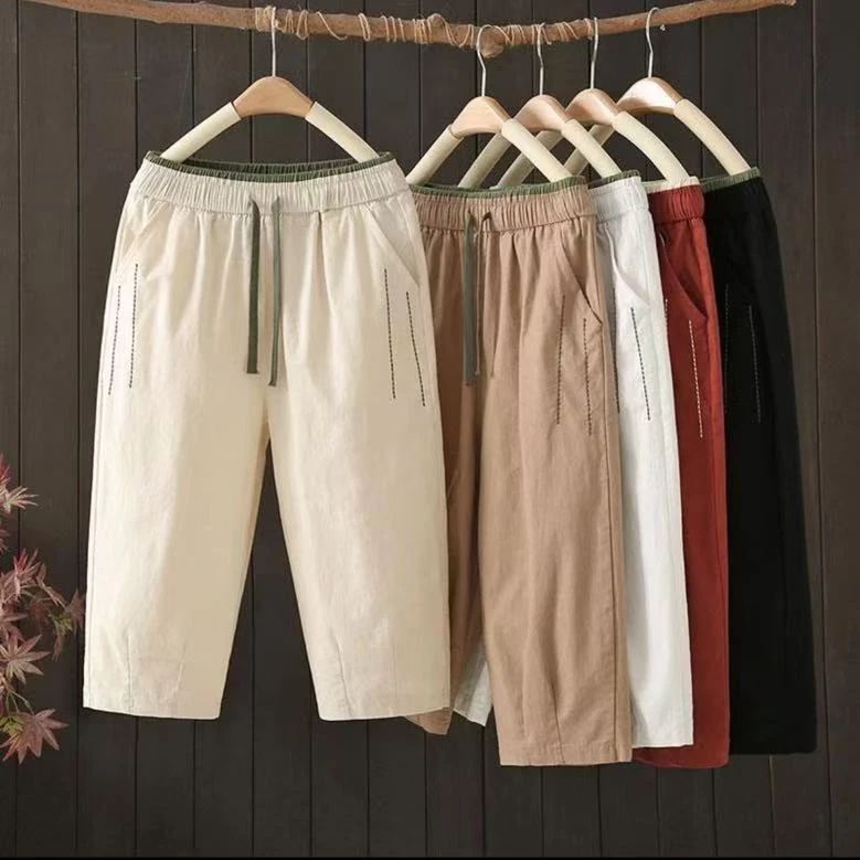 2025夏季新款水洗棉麻七分裤高腰深裆百搭哈伦休闲裤