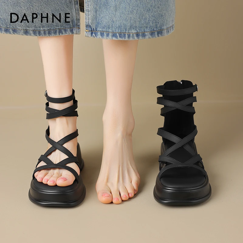 达芙妮仙女风绑带罗马凉鞋女2025新款夏季厚底绝美百搭高帮凉拖鞋