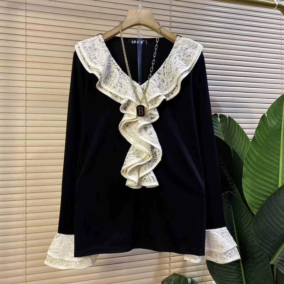P胖mm欧货时尚新款法式蕾丝荷叶边拼接洋气显瘦女人衫