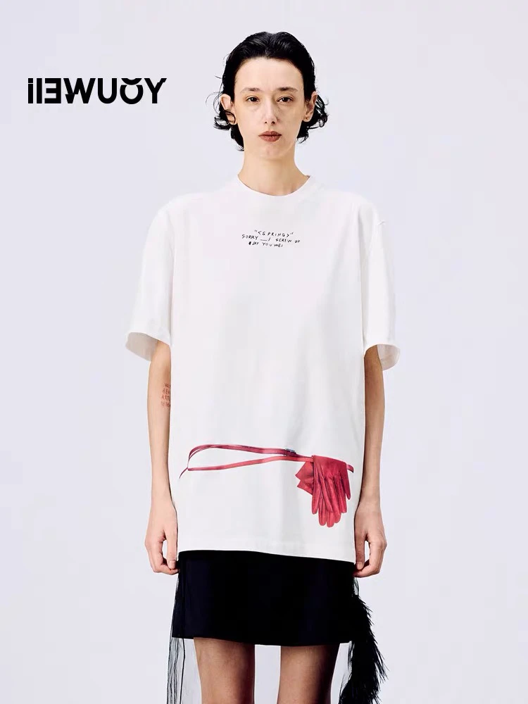 iIEWUOY/有尾女装手套腰带主题印花短袖T恤女休闲风上衣Y1125115