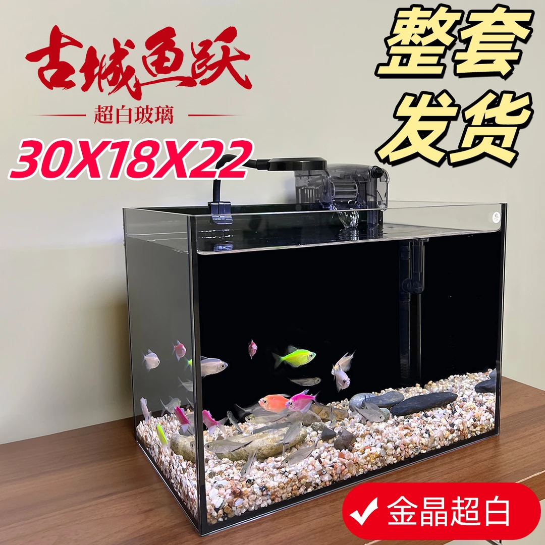 【全套发货】30×18×22CM金晶超白玻璃高清静音小型生态造景桌面鱼缸