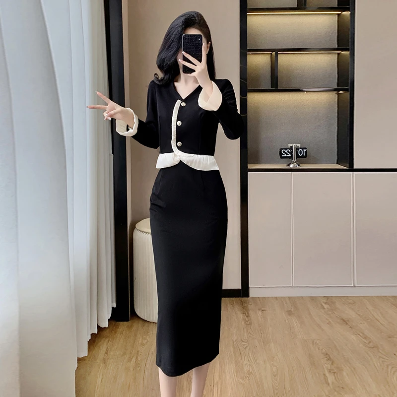 千金小香风连衣裙子2025年新款女早秋季小个子高级感黑色长裙套装