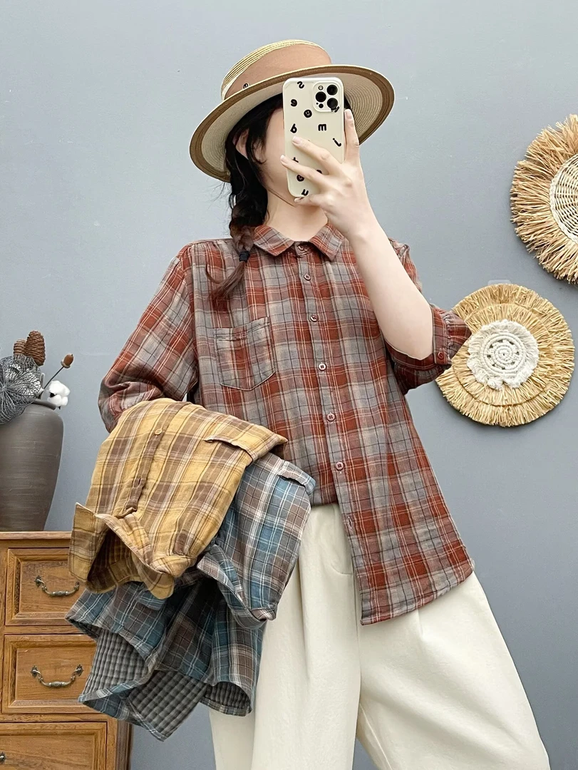 格纹中袖衬衫气质减龄显瘦百搭复古休闲春夏薄款上衣
