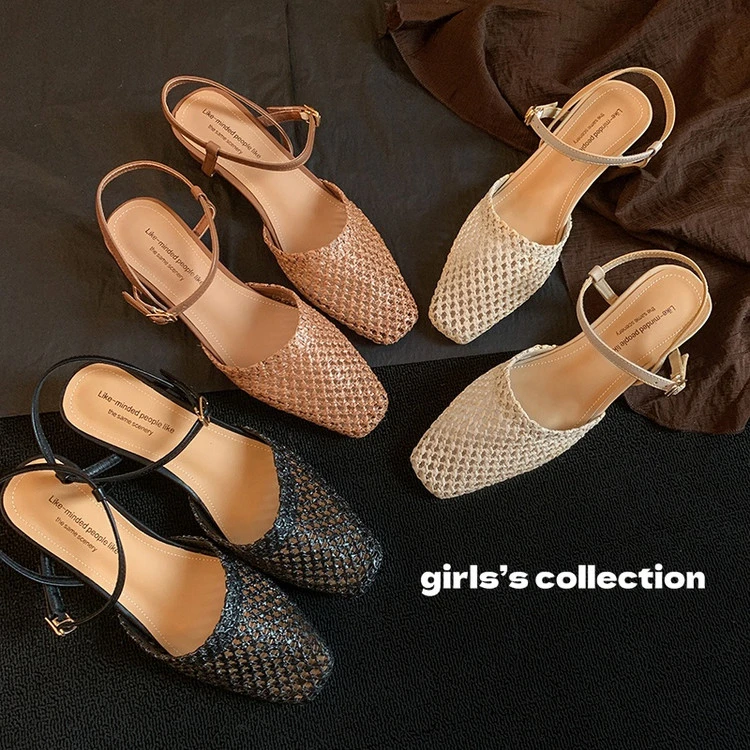 包头粗跟透气方头夏季镂空女鞋中跟2025夏低跟尖头编织时尚凉鞋女