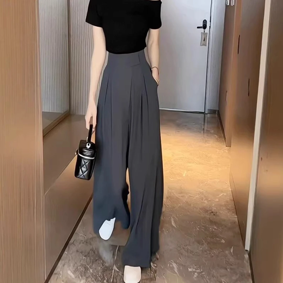 法式灰色西装阔腿裤女早秋新款大码胖mm高腰垂感通勤百搭拖地裤裙