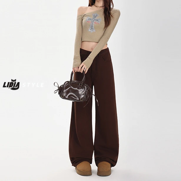 流光咖色美式阔腿牛仔裤女2025新款秋冬小个子高腰宽松垂感直筒裤