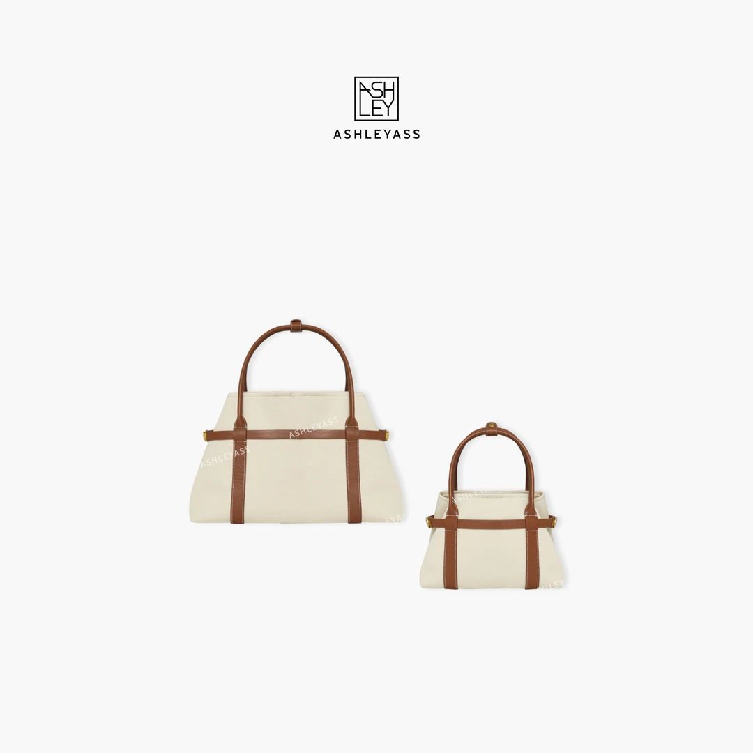 【ASHLEYASS】复古拼接亚麻帆布+牛皮百搭时尚托特包LSP520148W