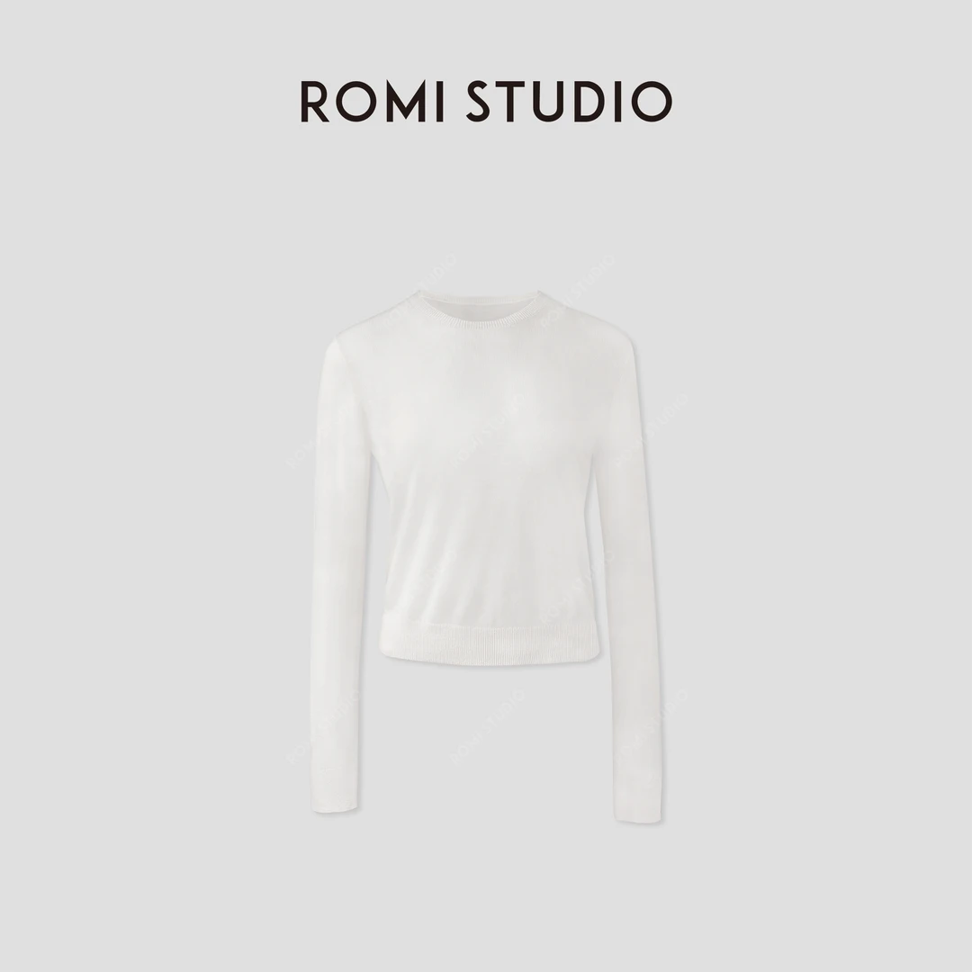 ROMI STUDIO 亚麻长绒棉轻薄空气感白色圆领长袖针织衫RWBRSZ1765