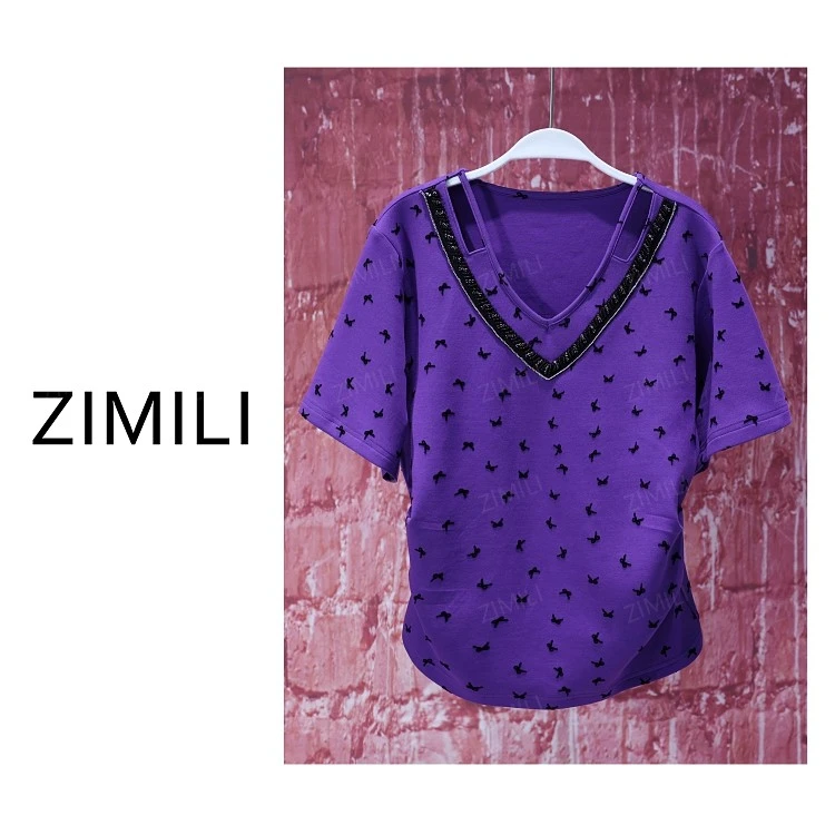 【亮哥女装】2025欧版重工设计罗兰紫钉珠时尚V领气质短袖9722-A2