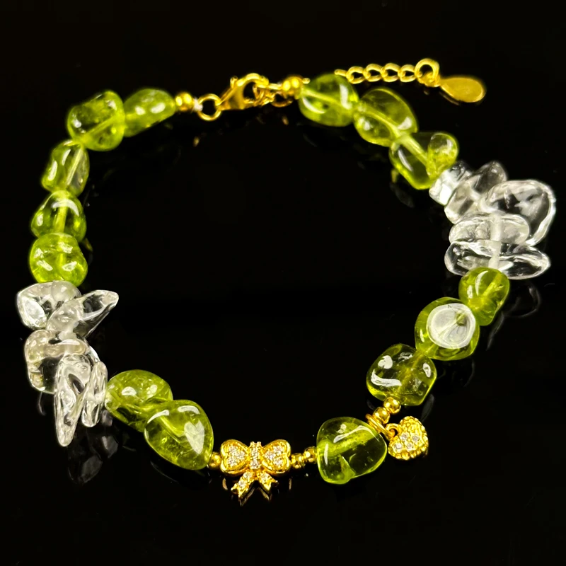 天然橄榄白水晶手串心形蝴蝶结款设计手链 T1035