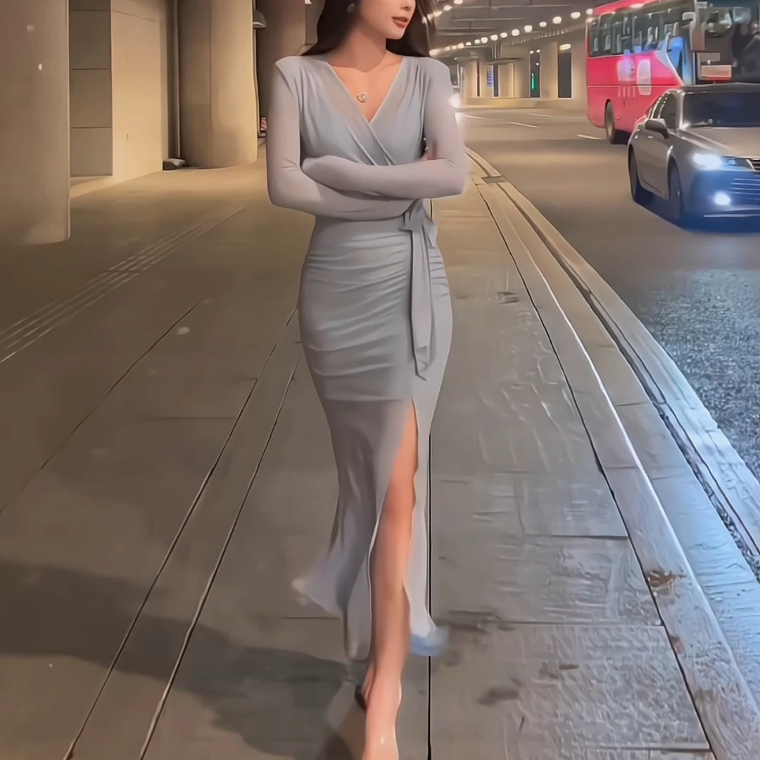 春夏仙女网纱连衣裙时尚绑带收腰褶皱性感鱼尾裙气质显瘦连衣长裙