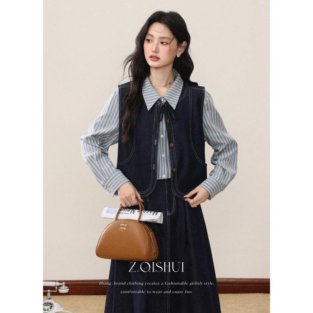 张汽水穿搭套装条纹衬衫牛仔马甲半身裙巨好看小个子三件套Z17009