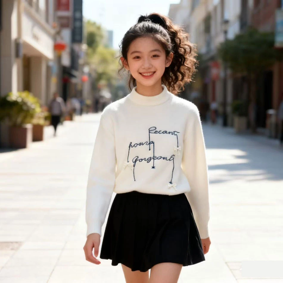 初中生学院风圆领字母厚款毛衣针织衫百搭保暖打底衫女孩中大女童