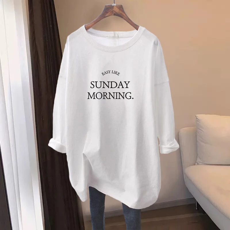 大码t恤女长袖内搭上衣早春秋季宽松显瘦新款中长款遮屁股打底衫