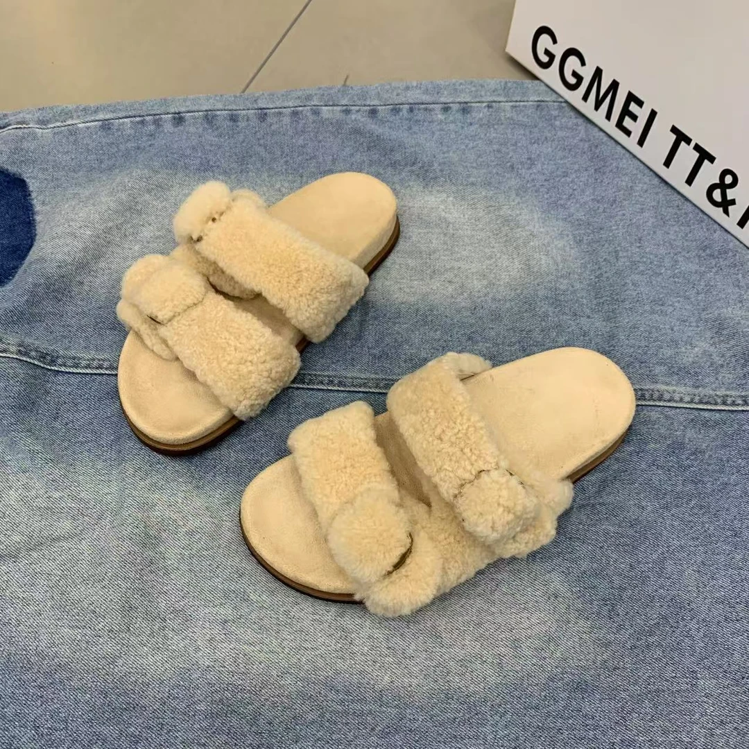 2025新款毛绒双带扣拖鞋时尚厚底潮流外穿个性金属扣舒适百搭女拖
