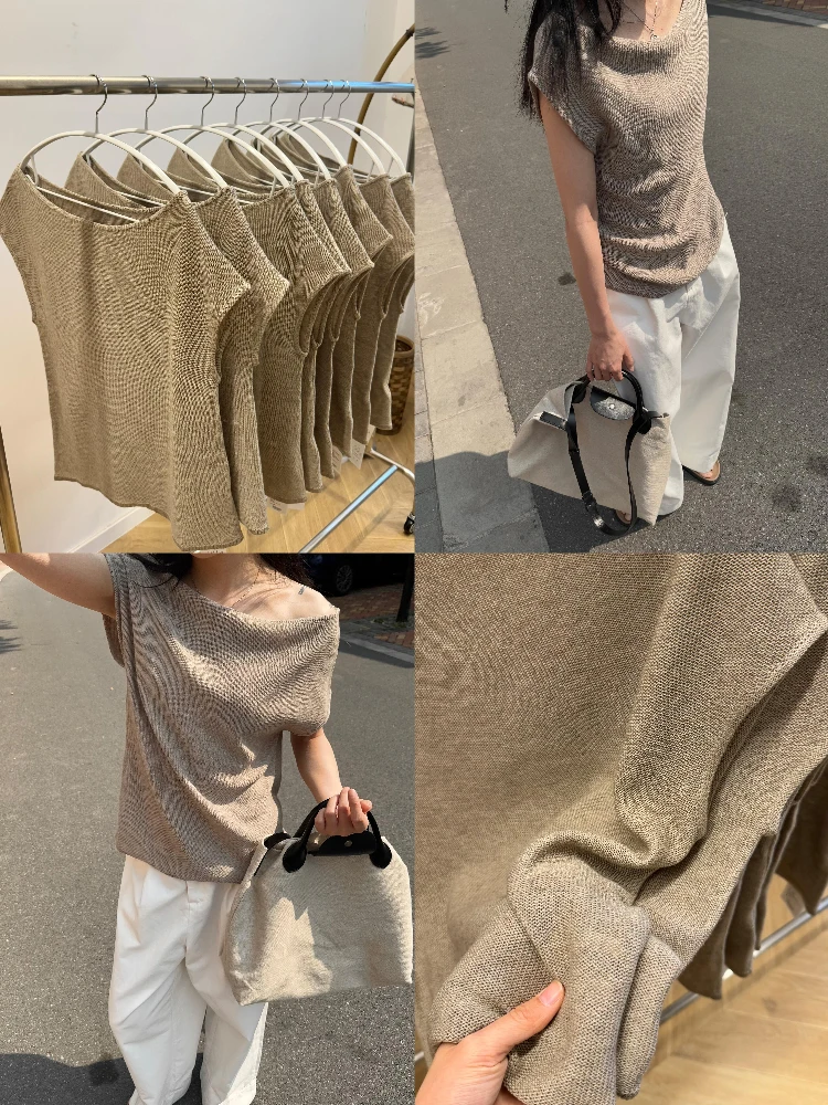 慵懒松弛感不规则短袖针织衫女夏季薄款气质宽松百搭显瘦上衣ins