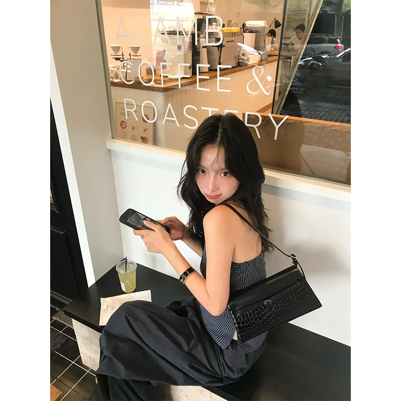 2025夏季新款高级感格子抹胸上衣抽绳高腰休闲裤长裤套装两件套女