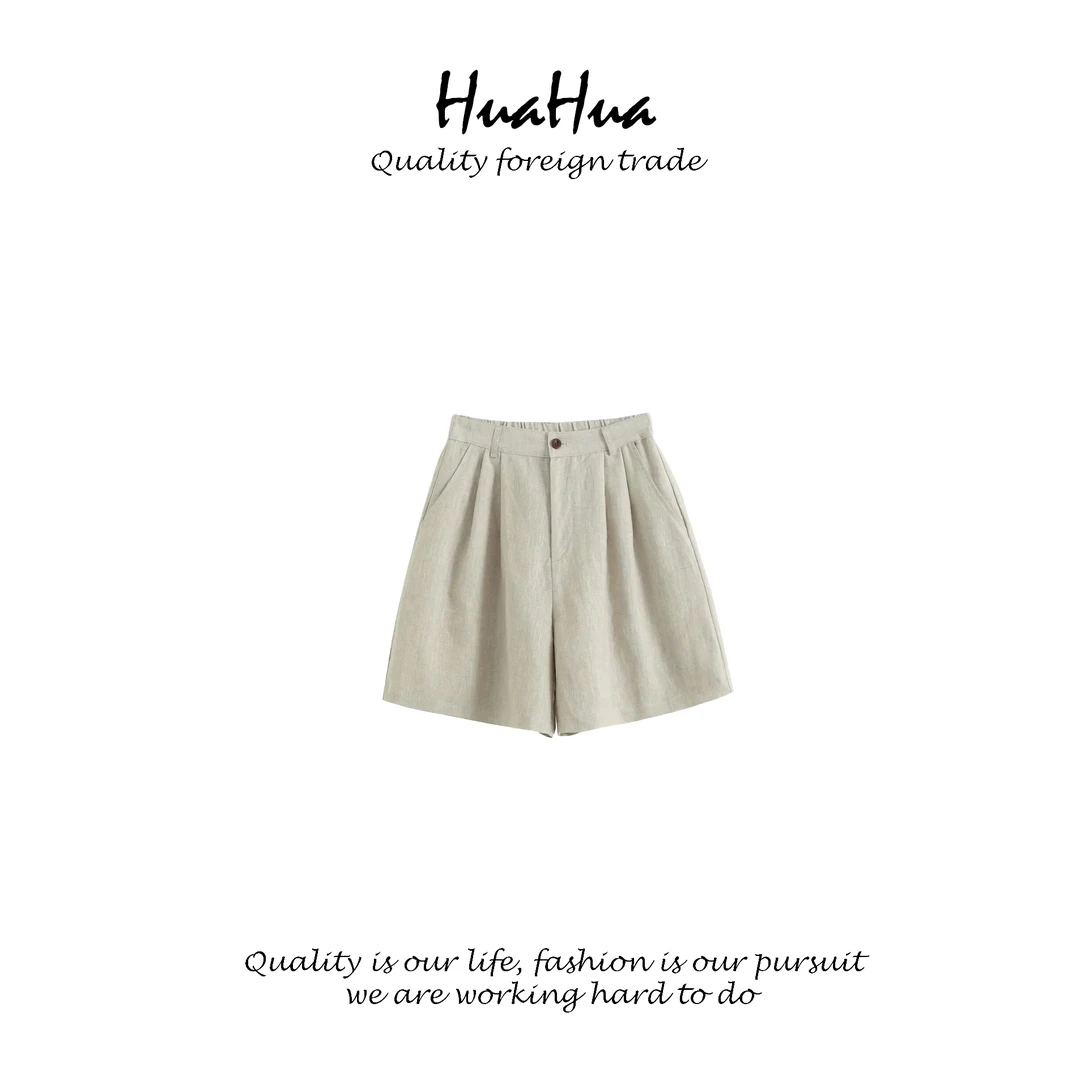 HUASH 【波子汽水】亚麻透气褶皱半松紧腰短裤女A字版五分裤 SH6101
