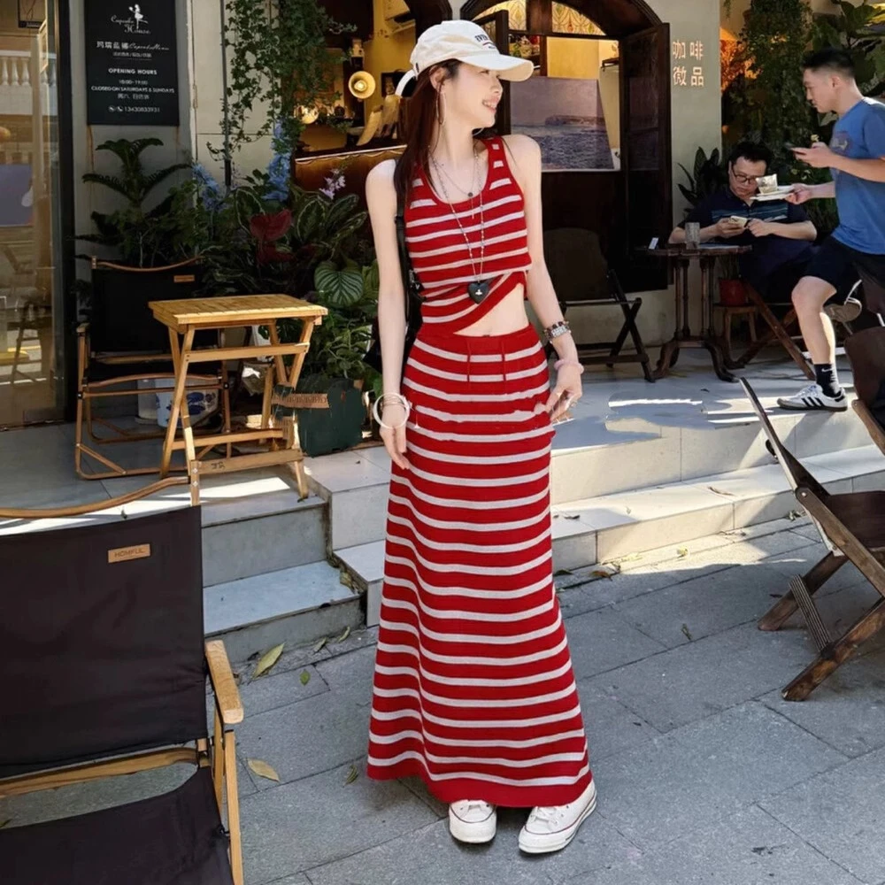 经典针织设计感条纹撞色无袖背心连衣裙夏法式收腰显瘦长裙套装