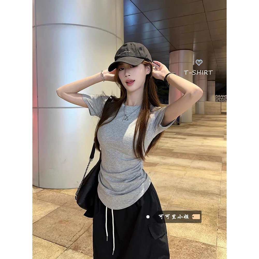 【莫代尔】掐出漫画腰！显瘦褶皱遮肚子短袖t恤女夏季设计感打底衫