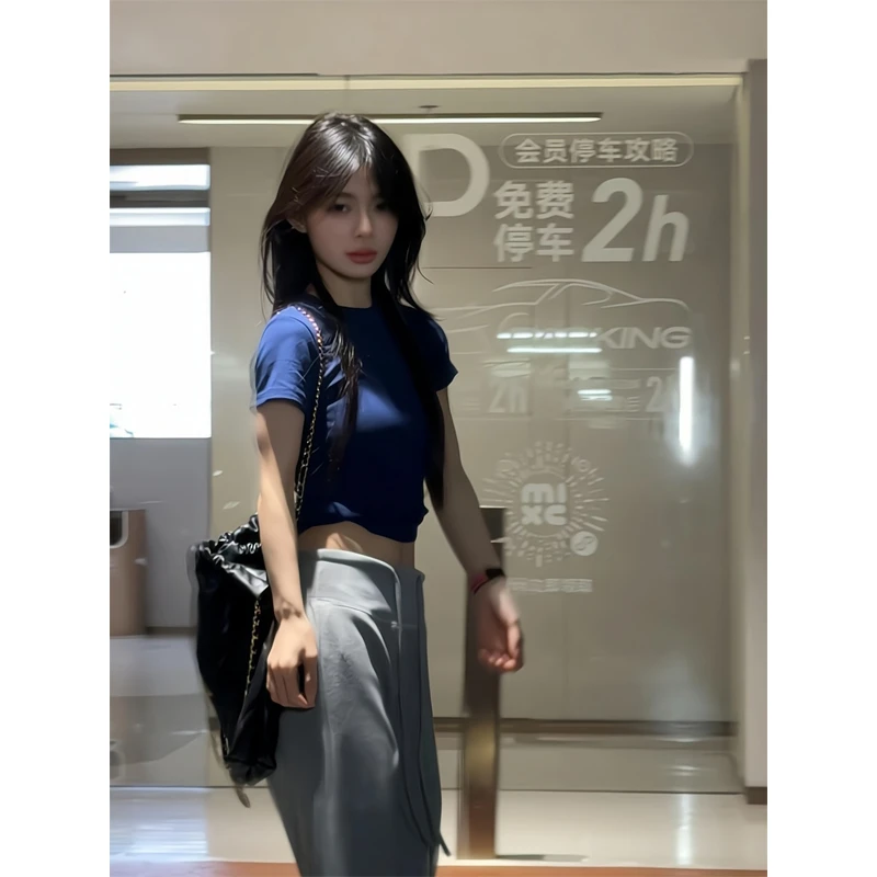 露腰小领口正肩短袖t恤露脐短款上衣灰色直筒运动裤休闲阔腿卫裤