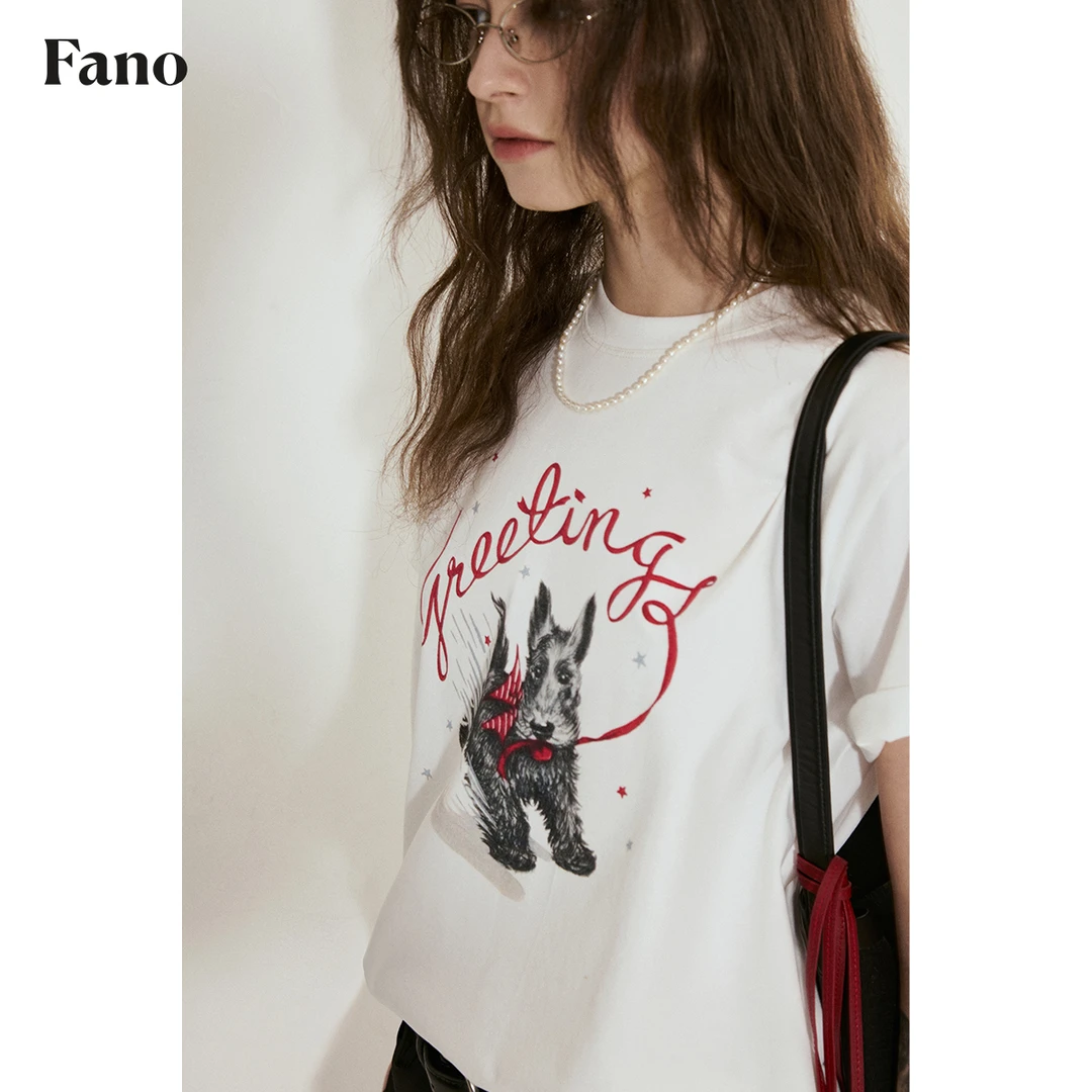 “手绘感字母飘带小狗印花 索罗娜面料”短袖T恤FX25S009推广