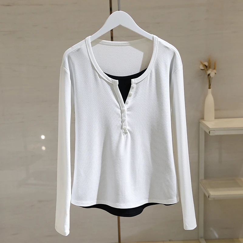 纯色拼接假两件T恤女2025春季新款百搭显瘦纽扣圆领休闲撞色上衣