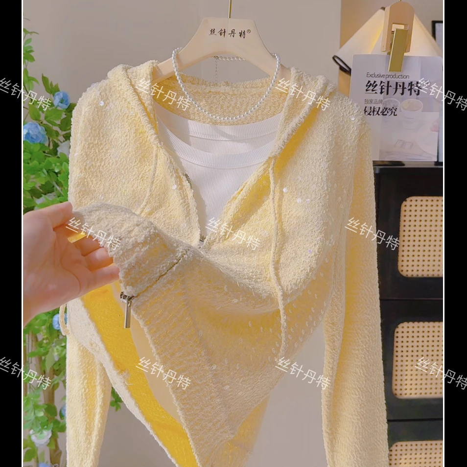 1194-亮片连帽拉链欧货小香风重工针织开衫外套春秋女独特上衣