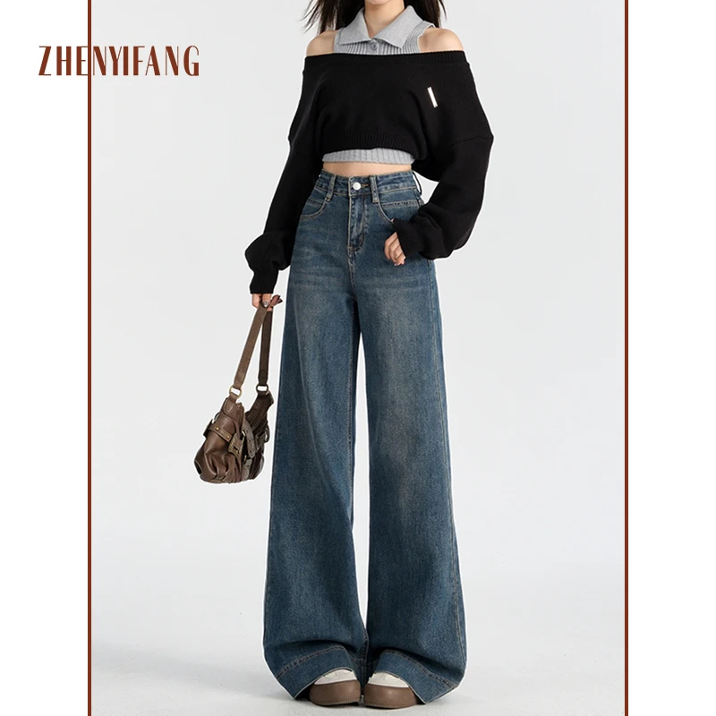 真衣坊复古蓝阔腿喇叭裤垂感高级感显瘦高腰微喇牛仔裤女-小月