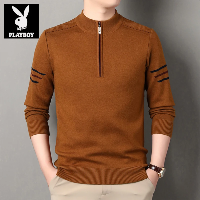 花花公子男士卫衣冬季拉链打底衫加厚高档潮流休闲半高领T恤