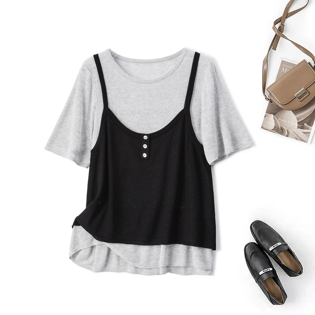 2025年夏季大码韩系百搭撞色假两件针织衫叠穿吊带拼接上衣68650