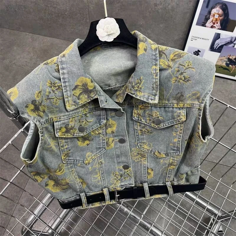 洋气设计感翻领碎花无袖牛仔马甲背心女夏季流行复古短款外搭上衣