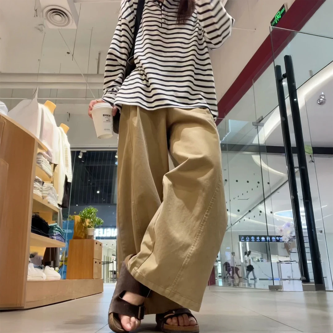 日系卡其色工装阔腿裤女秋季新款胖妹妹mm高腰遮胯宽松休闲直筒裤