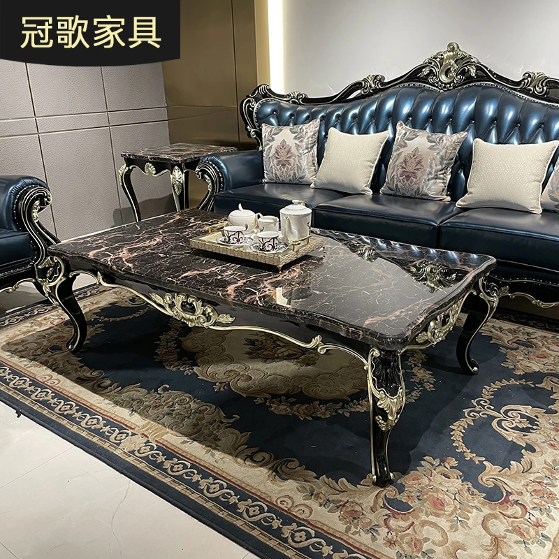 法式实木大茶几 欧式小户型长方形实木茶台客厅新古典大理石茶桌