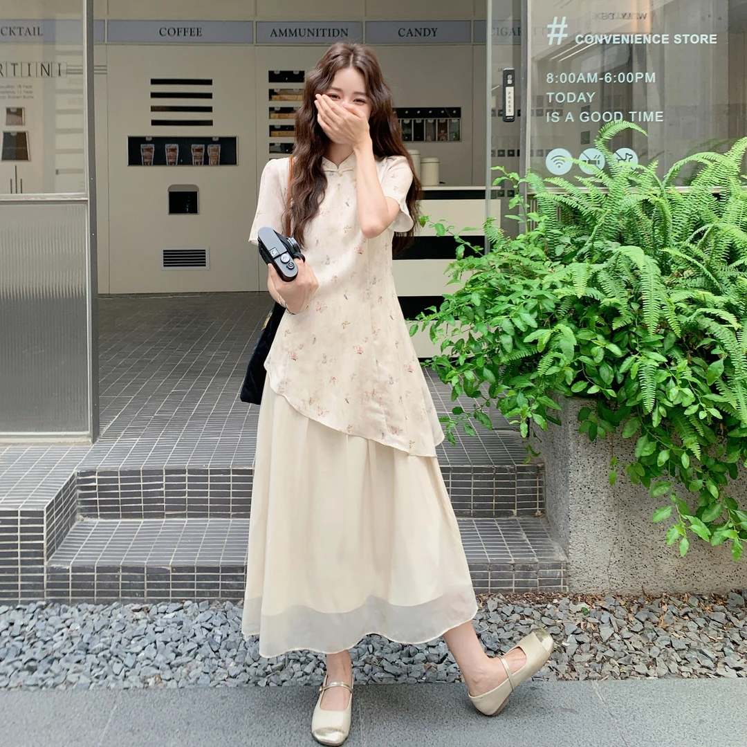 新中式国风改良旗袍裙女2025夏季新款高级感印花拼接假两件连衣裙
