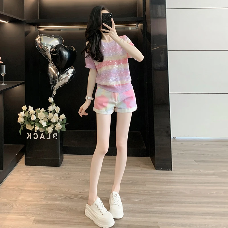 夏季新款多巴胺粉色时尚短袖牛仔包臀短裙两件套洋气显瘦套装女