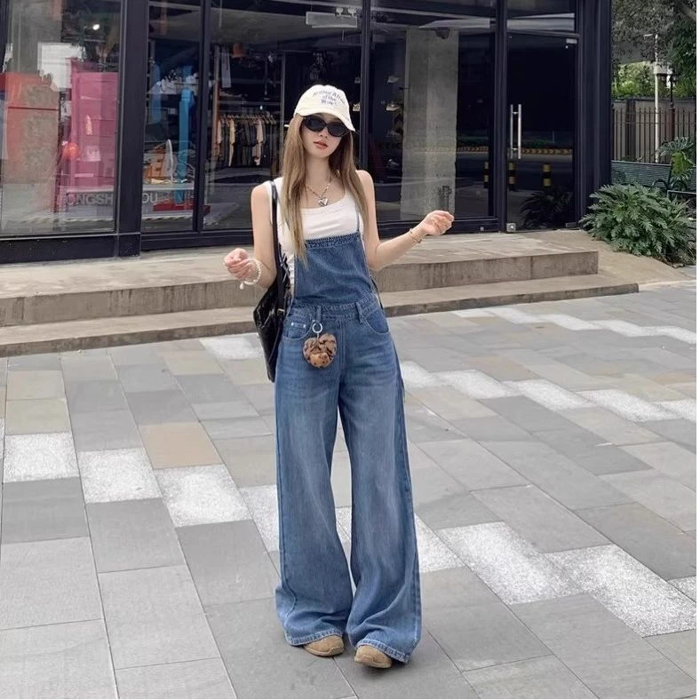 设计感洋气减龄复古牛仔背带裤女宽松显瘦小个子直筒拖地裤夏