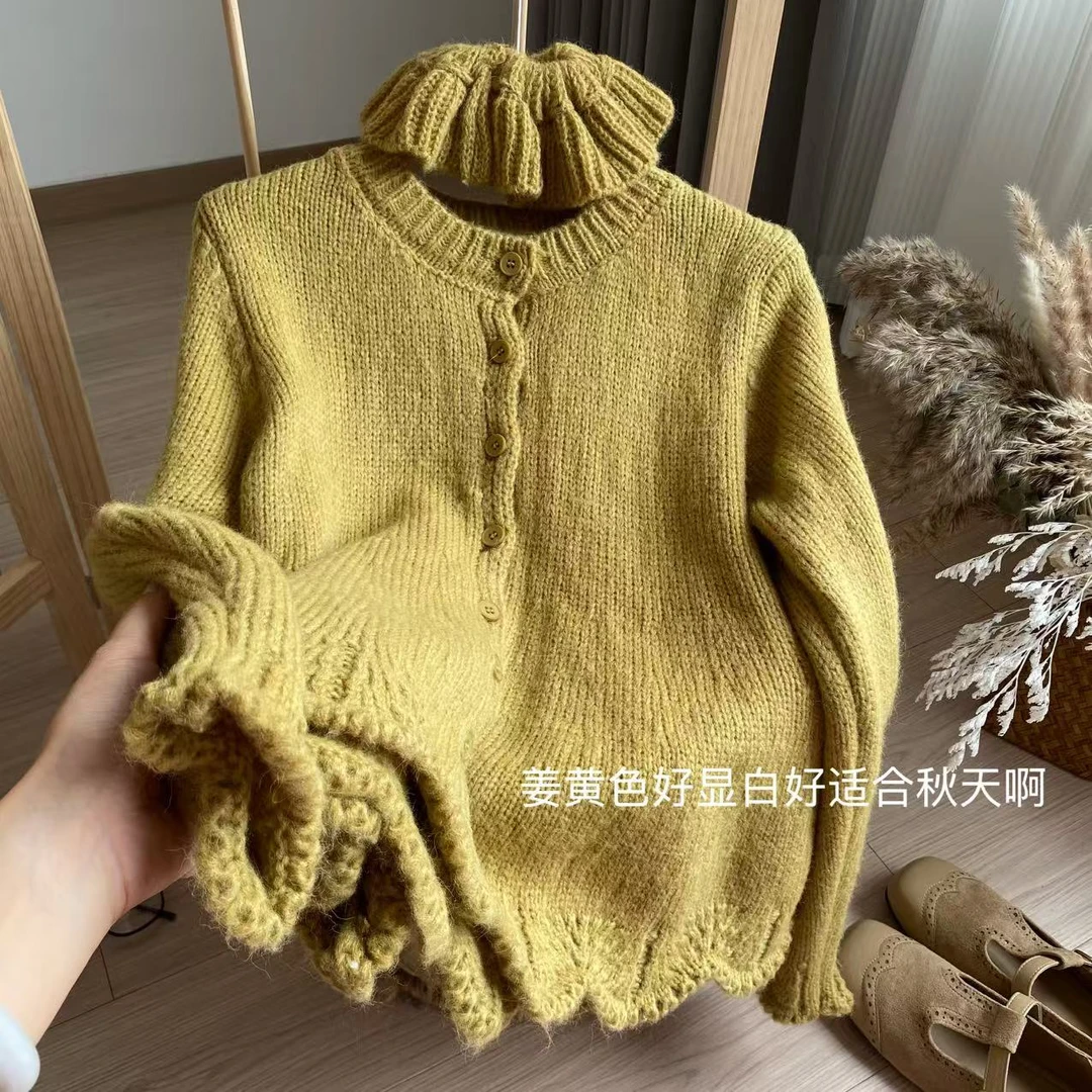 小柒家A0569-秋季冬季百搭圆领毛针织衫秋天开衫姜黄色